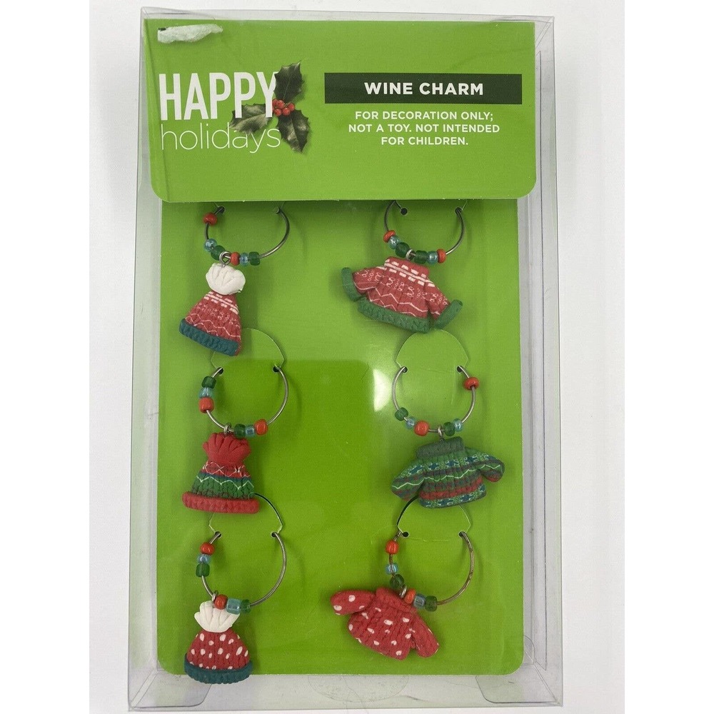 Glassware‎ Stem Tags Rings - 6 Wine Charms - Happy Holidays Christmas